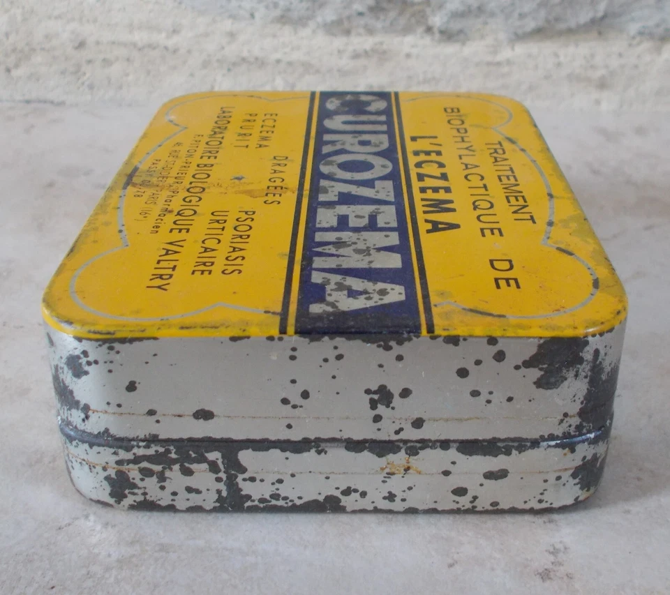 Ancienne Boite métal CUROZEMA Médicament Pharmacie Eczema France jaune - Photo 4/4