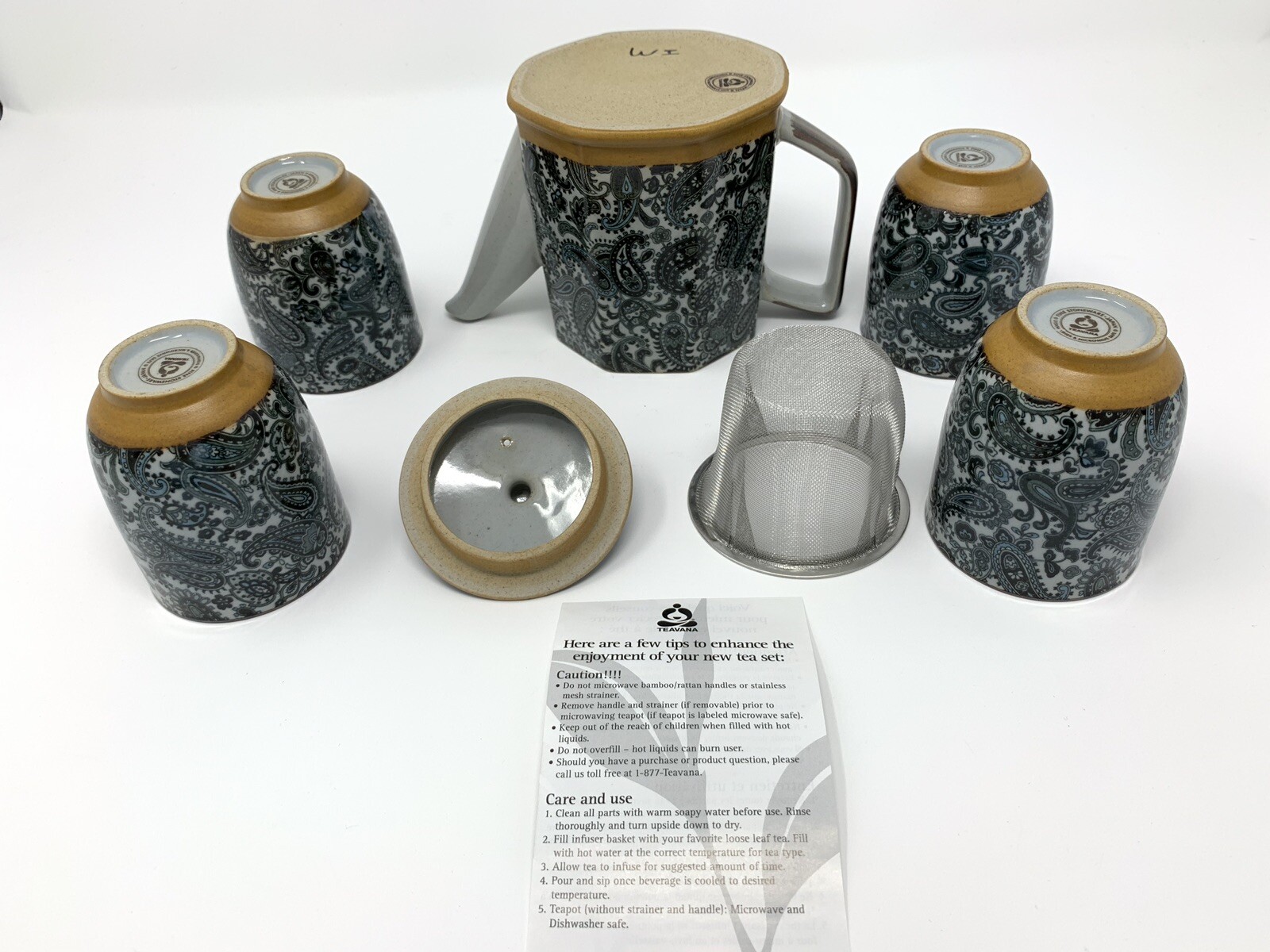 Teavana 6pc Set Fine Stoneware Paisley Glazed Teapot Teacups Strainer Japan Tea eBay