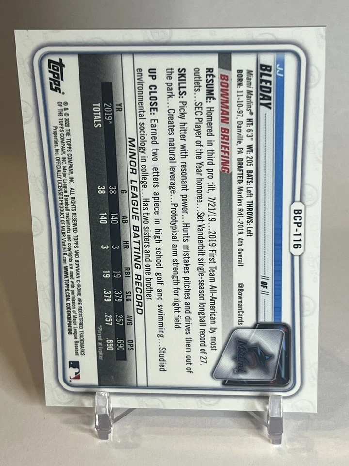 JJ Bleday /75 Orange Cracked Ice 2020 Bowman Chrome Sapphire #BCP-116 Marlins - Image 2 of 3