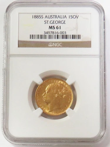 1885 S GOLD AUSTRALIA YOUNG HEAD / SHIELD SOVEREIGN NGC MINT STATE 61