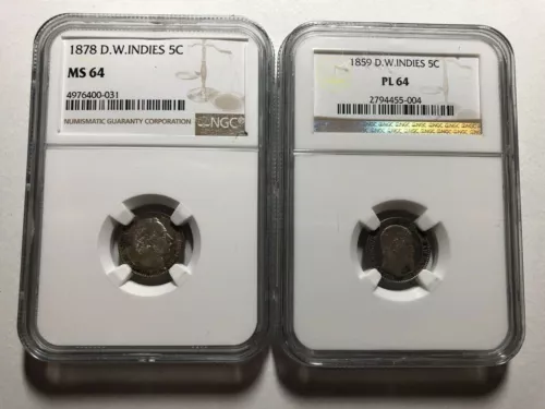 Danish West Indies 1859 & 1878 Pair 5 Cents NGC PL 64 and MS 64 Rare
