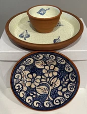 Terra Cotta TEL AVIV ADAMA ARTIST POTTERY Plate + Dip Bowl + Cobalt Flower Plate