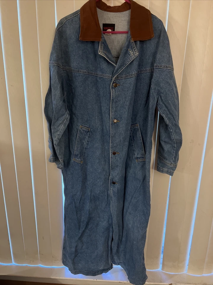 Vintage CINTURÓN DE SOL Azul Denim Jean Abrigo Largo Plumero Trench Jacket Maxi Mediano-Grande