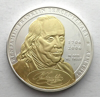 US 1 DOLLAR 2006 P Silver UNC Benjamin Franklin, Gold Plated With