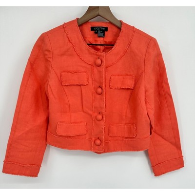 Etcetera Linen Blazer Women 6 Cropped Peach Button Front Frayed Seams Long Sleev