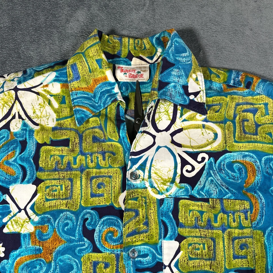 Camisa Hawaiana Vintage Barefoot in Paradise Talla Pequeña Azul Verde Floral Años 70 Foto 2 de 4