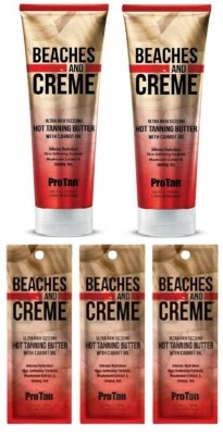 PRO TAN Beaches & Creme Hot Kribbelnde Sonnenbank Bräunungslotion 2 Flaschen Angebot + 3 Gratis Beutel