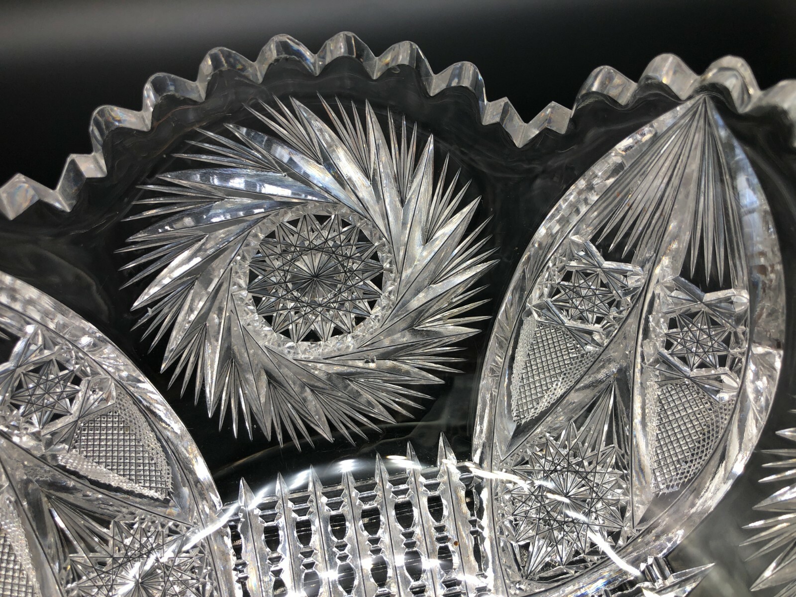 Vintage American Brilliant Cut Glass Bowl, Pin Wheel Patterns, 8" D, 3