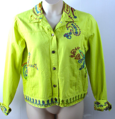 Vtg Coldwater Creek Women M Lime Green Jacket Embroidery Cotton Pockets READ