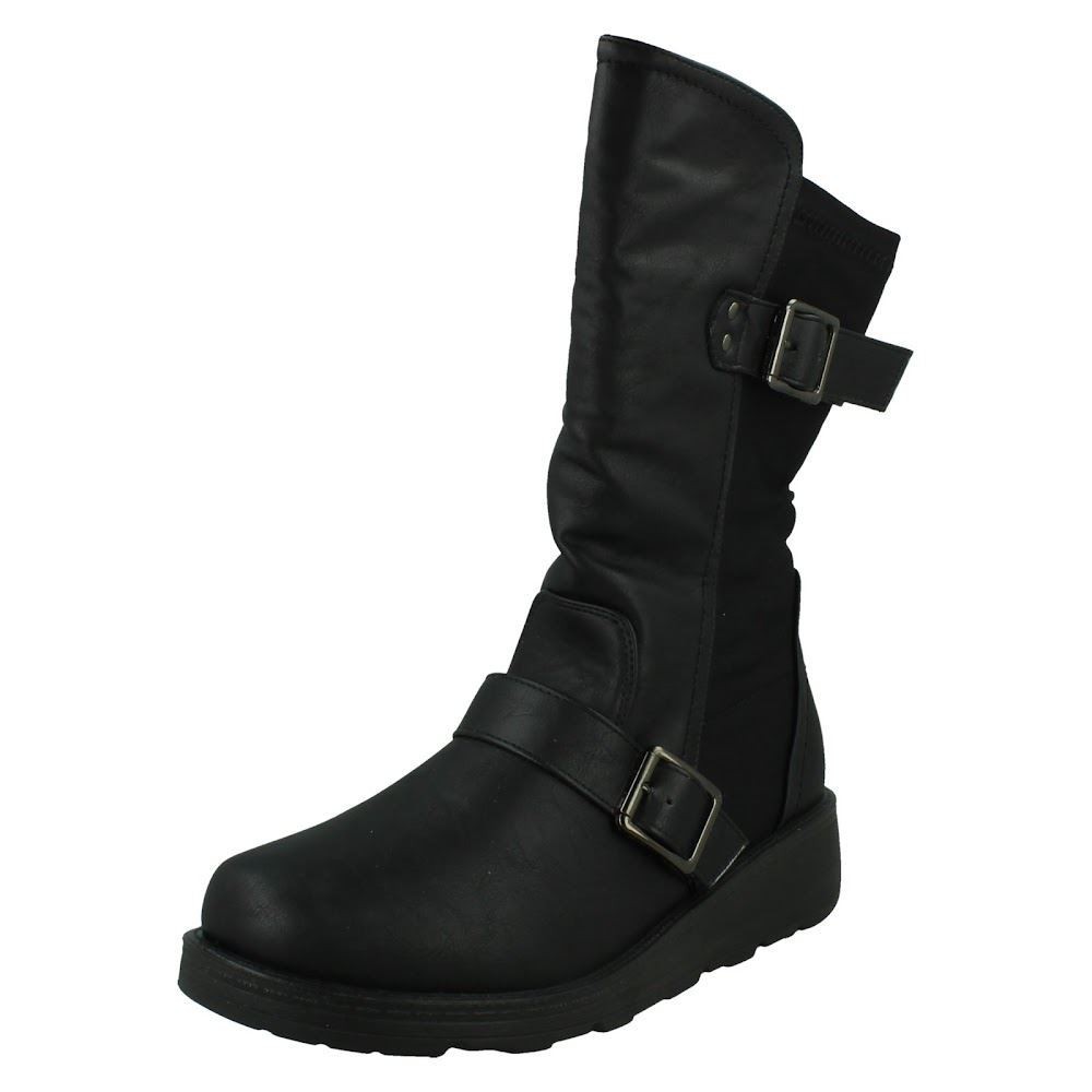 Mujer Spot On Cremallera Tacón Cuña Negro Extra Ancho Botines: F4R475