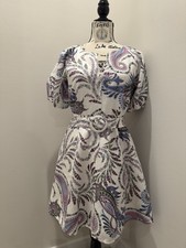 LOFT Women's Paisley Linen Mini Dress Size 2 Petite Belted Puff Sleeve Dress