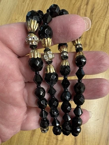 Vintage Miriam Haskell Black Beaded W/ Gold Rhinestone Accent Beads 34” Length