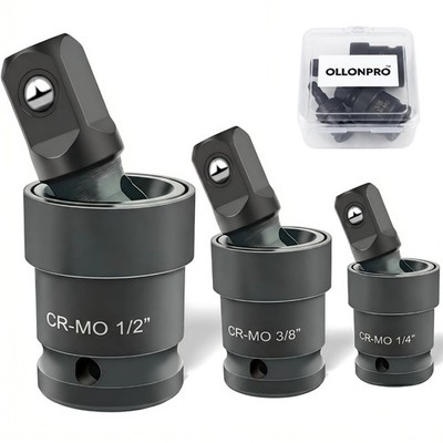 3 PC Pneumatic Impact Universal Joint Socket Set Swivel Ball 1/2'' 3/8'' 1/4''