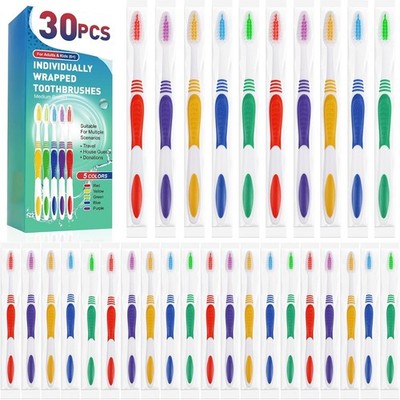 30 Pack Individually Wrapped Toothbrushes Medium Soft Bristles Travel Bulk Set