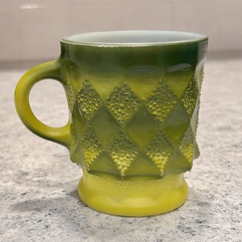 Vintage 50’ 60’s Fire King Mug Kimberly Green Yellow Anchor Hocking Diamond
