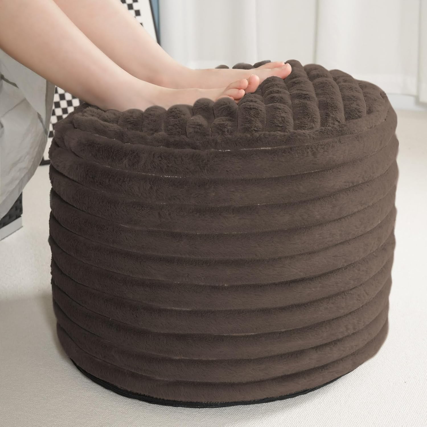 Pouf Ottoman Stuffed Round Foot Rest Faux Fur Poufs W/ Foam Chunk Durable