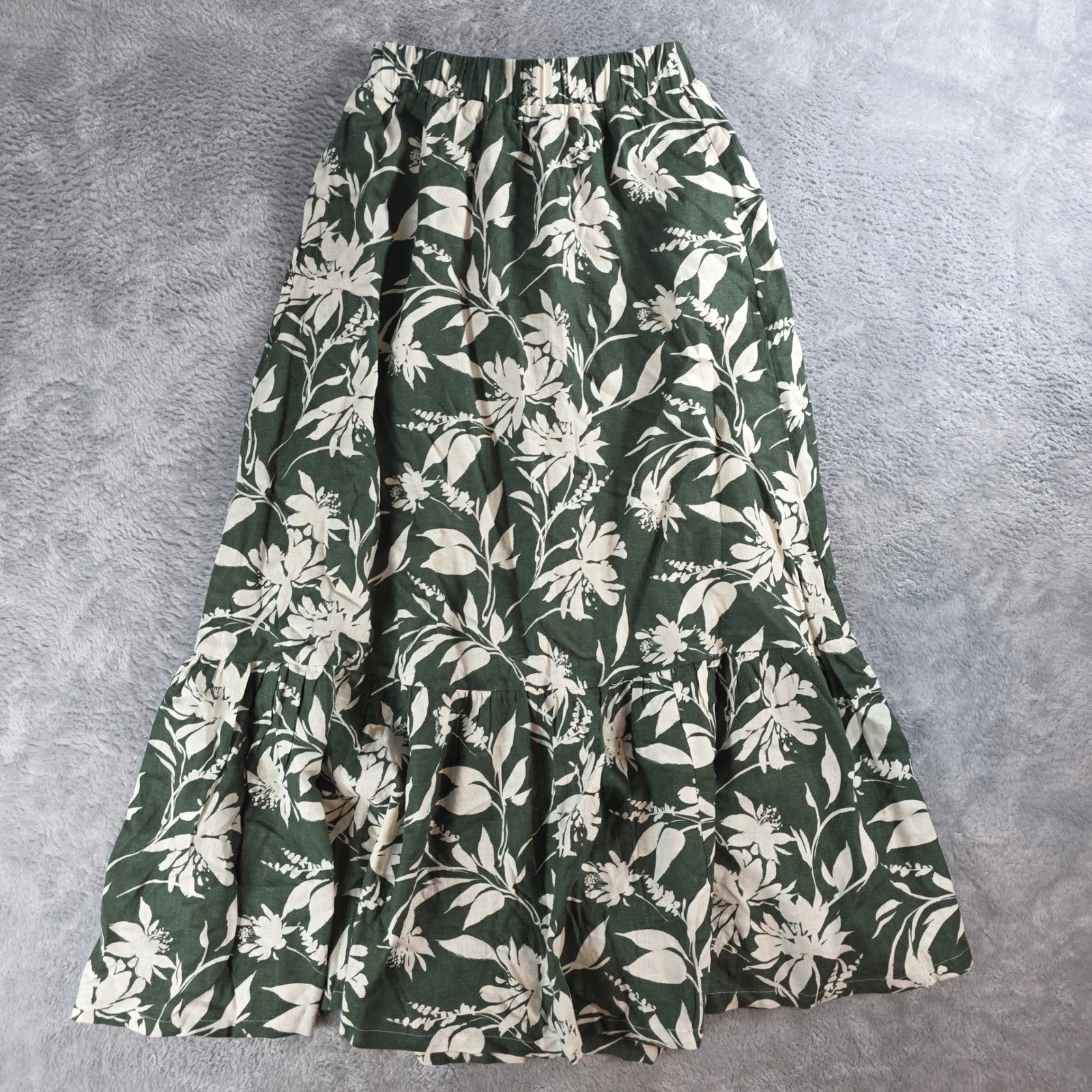 Abercrombie & Fitch Women XXS Petite Green Floral Linen Blend Tiered Maxi Skirt