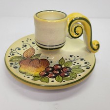 Vtg Pottery Finger Chamber  Candle Holder Hand Painted Fruit Grapes Signed Macta