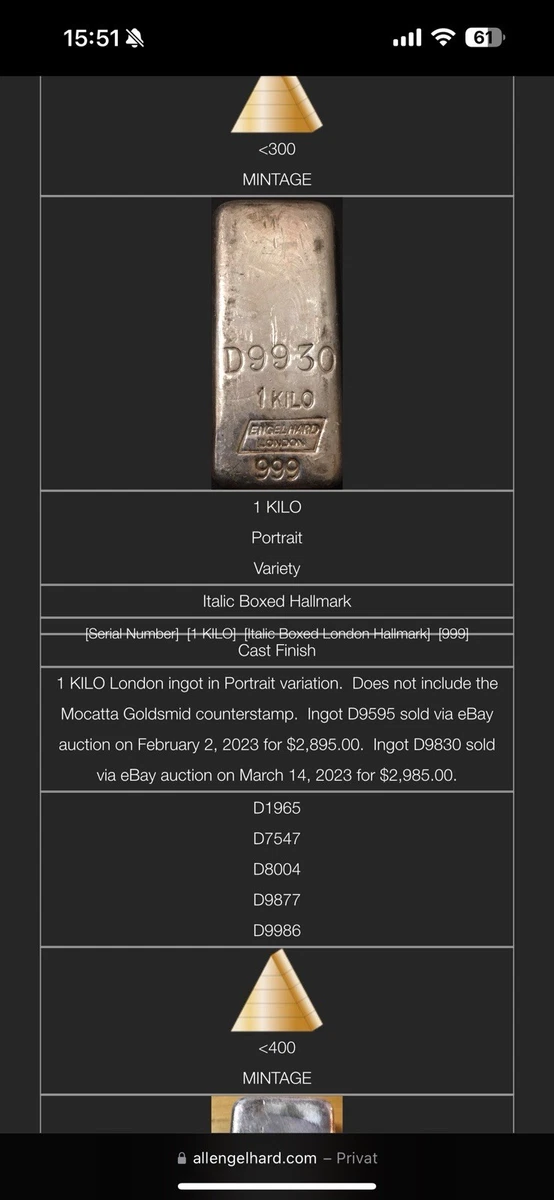 1 Kg Silver Bar Engelhard London Vintage Rare/1 kg silber barren 999 silber