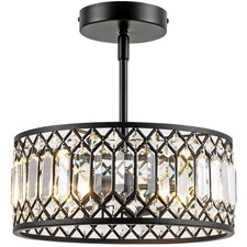 3-Light Crystal Ceiling Light, Modern Semi Flush Mount Light Fixture, Black C...