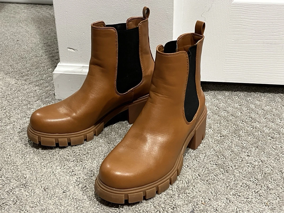 Madden Girl Phoebee Lug Chelsea Boots Mens US 9.5M Brown Round Toe Ankle Pull On Blowfish Malibu Women Tan Tweed (Canvas) | Mercari main image 4