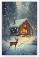 Vintage Christmas Wall Art Winter Poster Snowy forest scene with deer Cozy Log C