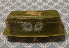 Vintage 1960’s Plastic Covered Stick Butter Dish Green w/Flowers Factory Sealed 