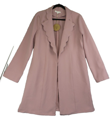 NWT Honey Punch Dusty Rose Open Trench Jacket Scalloped Collar Long Coat Size XL