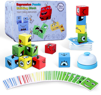 Montessori Wooden Face Changing Puzzle - Kids Cube Game (64 Cards 16 Blocks)