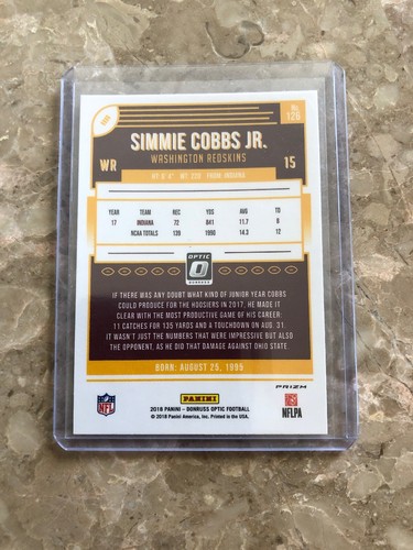 2018 Donruss Optic Simmie Cobbs Jr Green Velocity Prizm #126 Rookie Card SP RC - Picture 3 of 3