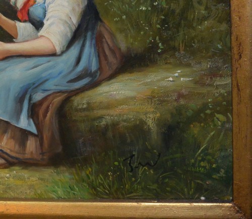 "Pintura sobre lienzo - "2 niños" / Marco dorado (madera) - Imagen 5 de 6