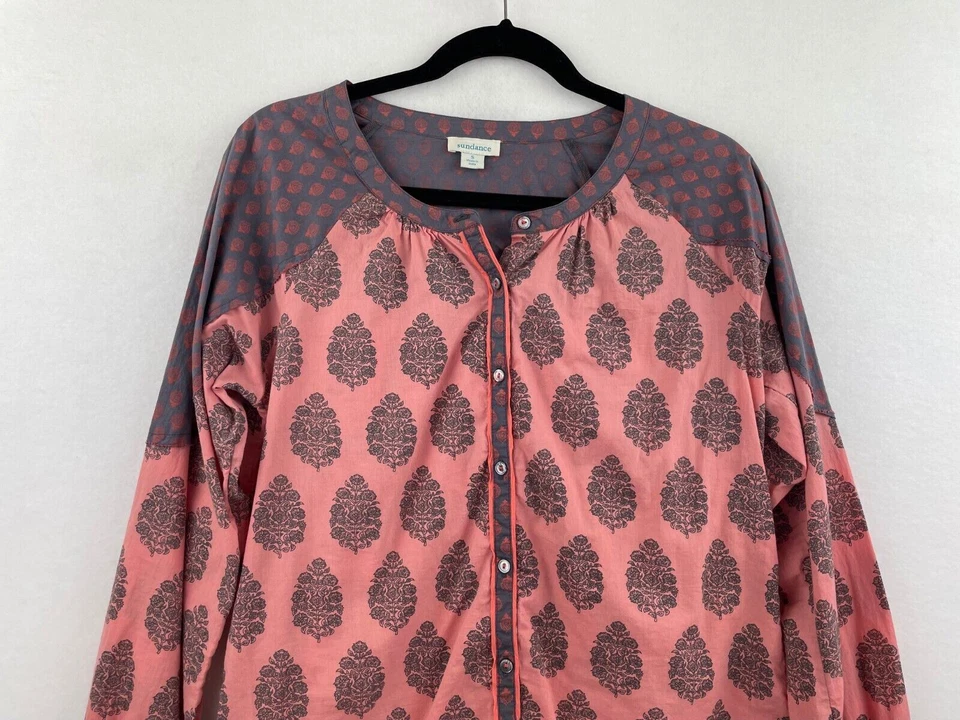 Catálogo Sundance Blusa Campesina Pequeña Top Rosa Damasco Estampado Botón Mujer B53-15 Foto 3 de 4