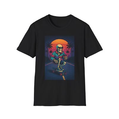 Retro Synthwave Skeleton Skater, Vintage 80s Shirt, Unisex Clothing, Hipster Top