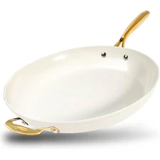 Gotham Steel Cream 14''  Nonstick Ceramic Family Pan with Lid and Gold Handle