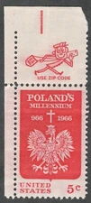 US. 1313. 5c. Polish Eagle & Cross, Polish Millennium. w/Zip Logo. MNH. 1966