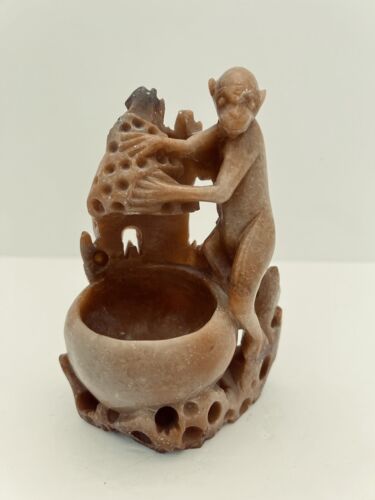 Vintage Monkey Hand Carved Soapstone Sculpture Brush Pot Desk Pot Ink Well - Picture 1 of 8