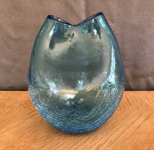 BLENKO MCM Teal Blue #39 Pinched Top Crackle Glass Vase 6” H