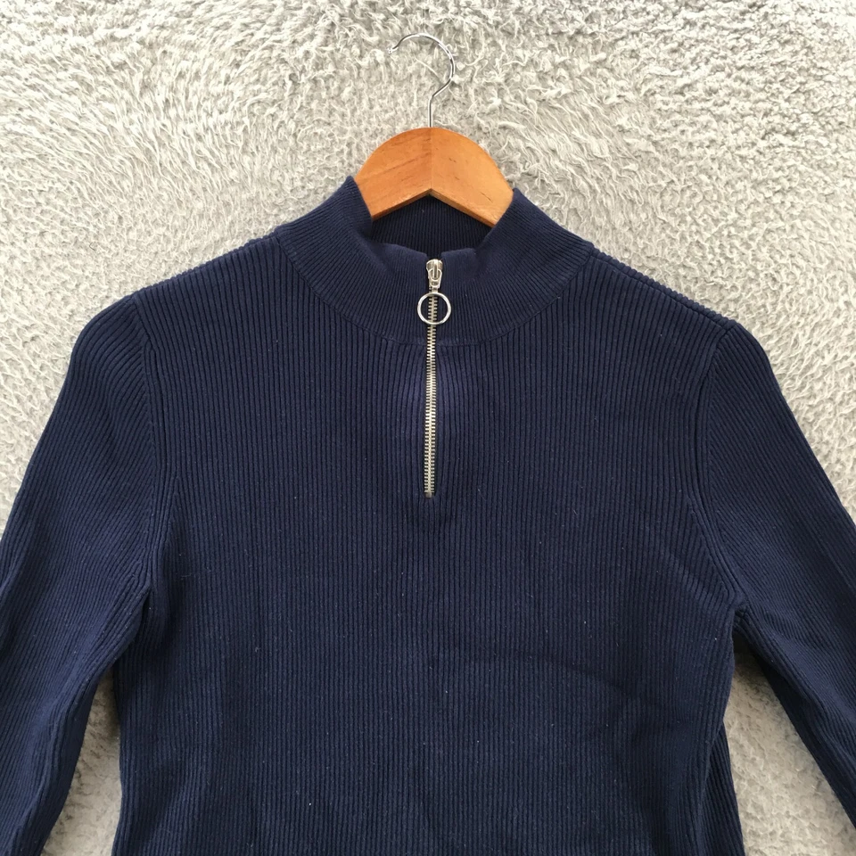 Camiseta de punto Nine West para mujer L azul acanalada manga larga cuarto cremallera cuello falso Foto 2 de 4