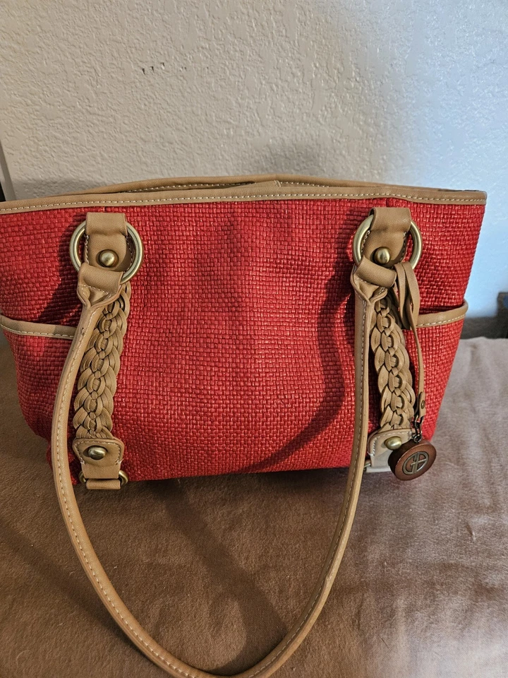 Bolso de Mano Giani Bernini Rojo Tostado Tejido Acento Trenzado con Logo Dije Cuentas Para Mujer  Foto 4 de 4