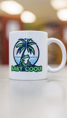 Baby Coqui Alabaster color Ceramic Coffee Mug with Coqui Frog and Palm Tree 