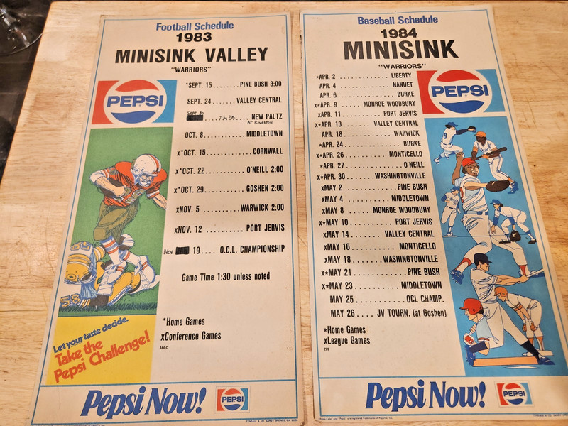 1983/84 Minisink NY thin cardboard football schedules w/ Pepsi ads Tyndale & Co