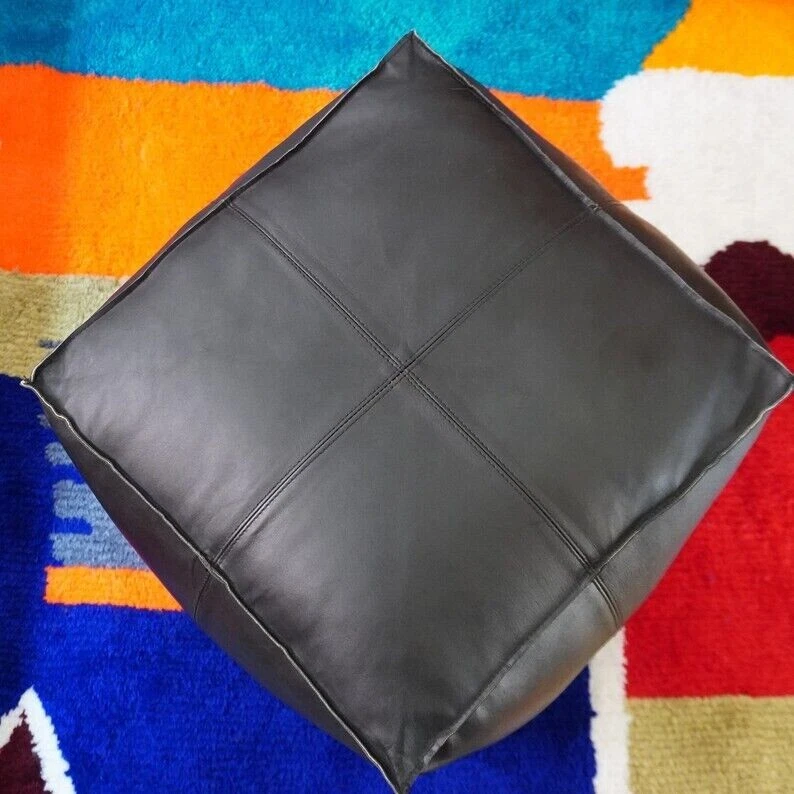 Leather Black Footrest Square Handmade 20'' Hassock Moroccan Unstuffed Pouffe - Image 3 of 4