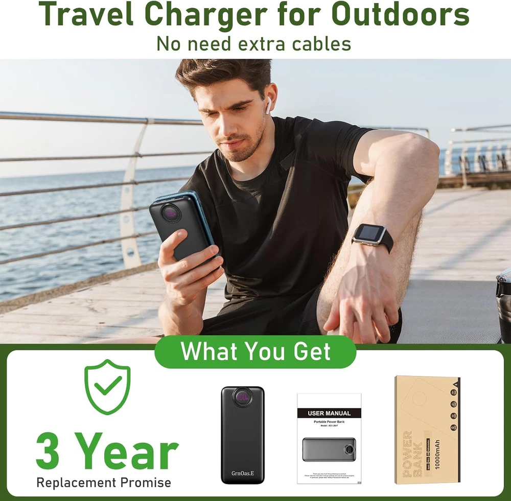 Power Bank 10000mAh,22.5W Max Portable Charger with With Cables, Pearl Black