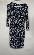 Lauren Ralph Lauren Womens Dark Blue And White V-Neck 3/4 Sleeve Sheath Dress 8