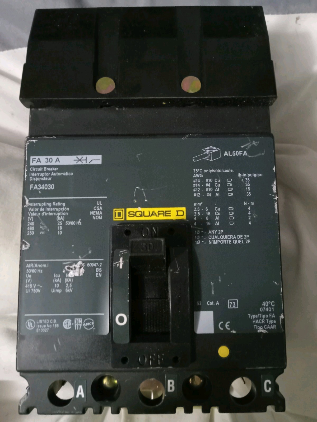 Square D FA34030 3 Pole 30 Amp 480 Vac I-Line Circuit Breaker