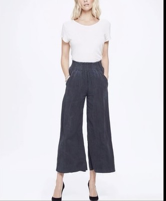 MOTHER The Bingo Fray Cropped Navy Smocked Waist Wide Leg Linen Lyocell Pants XS