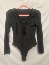 lace up black thong bodysuit By SHEIN