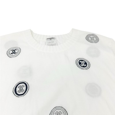 CHANEL Vintage 01P CC Logo T-shirt Top #34 White Blue Cotton Rib