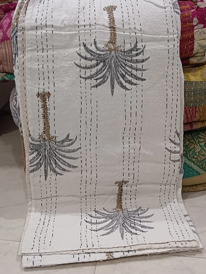 Colcha de algodón hecha a mano de palmera india kantha tiro king size arte Foto 4 de 4