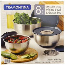 Tramontina 8-Piece Stainless Steel Mixing Bowl and Grater Set, with Lids, Navy